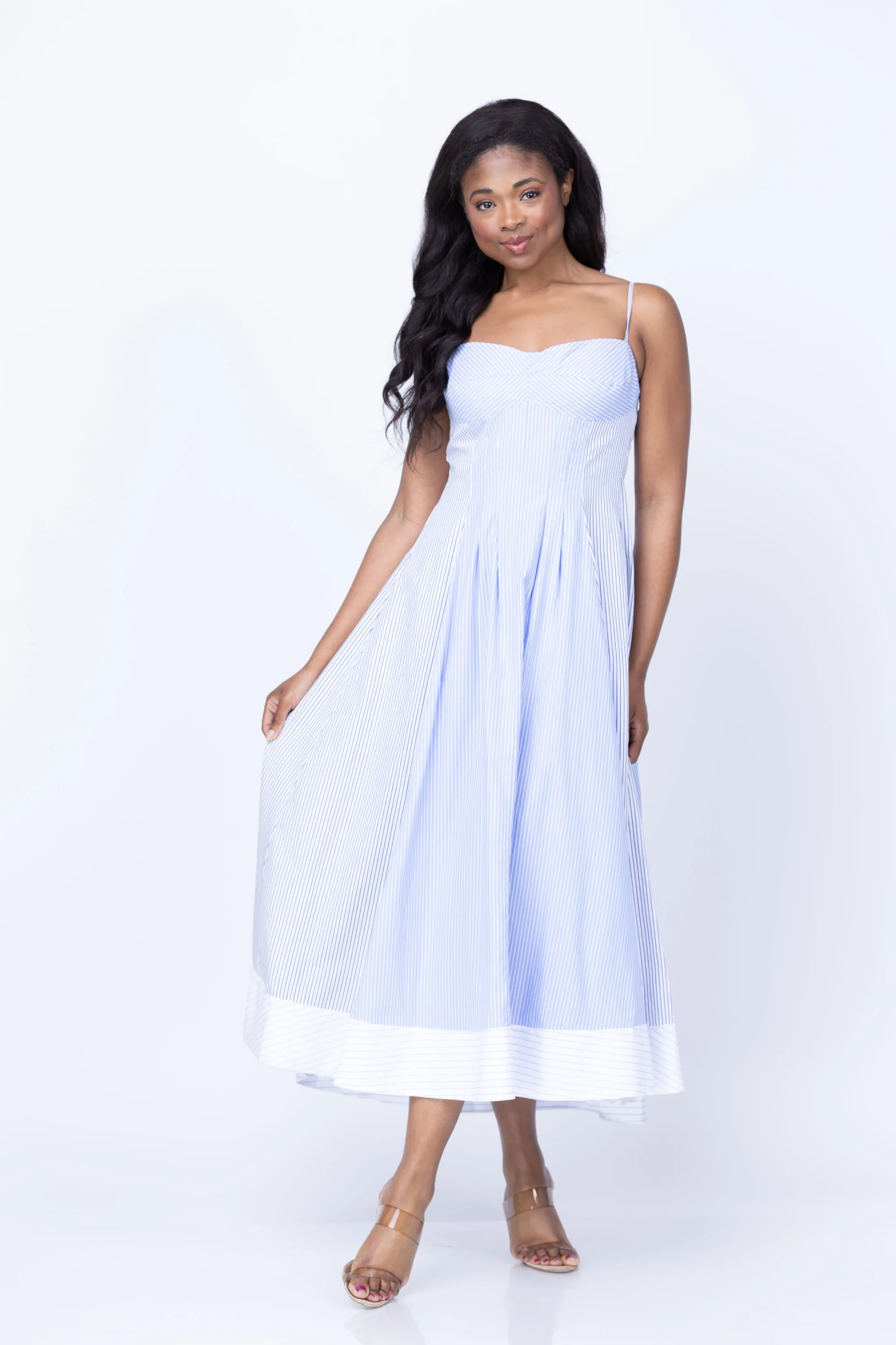 Sustainable Simkhai Chamberlain Cotton Midi Dress in Periwinkle Multi Stripe Trusted