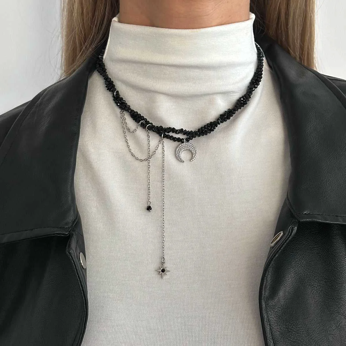 Soft Black Acrylic Silvertone Hammered Moon Pendant Tassel Necklace Premium Material