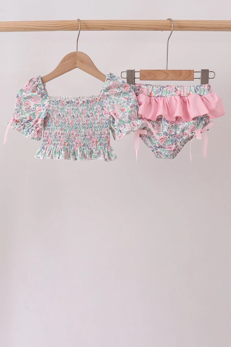 Outstanding Pink Floral Smocked Swimsuit Green