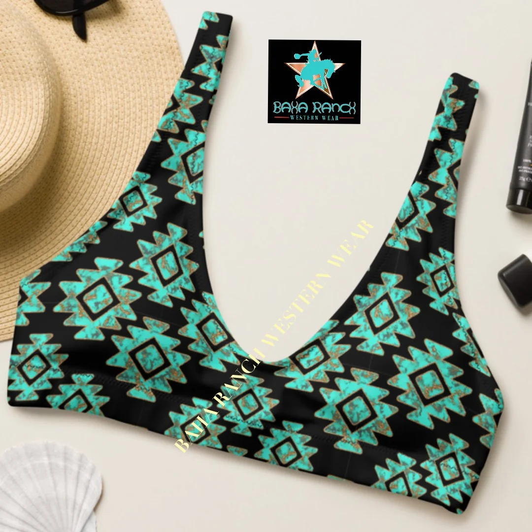 World-Class Baha Ranch Yeehaw Turquoise Aztec Bikini Top Trendy