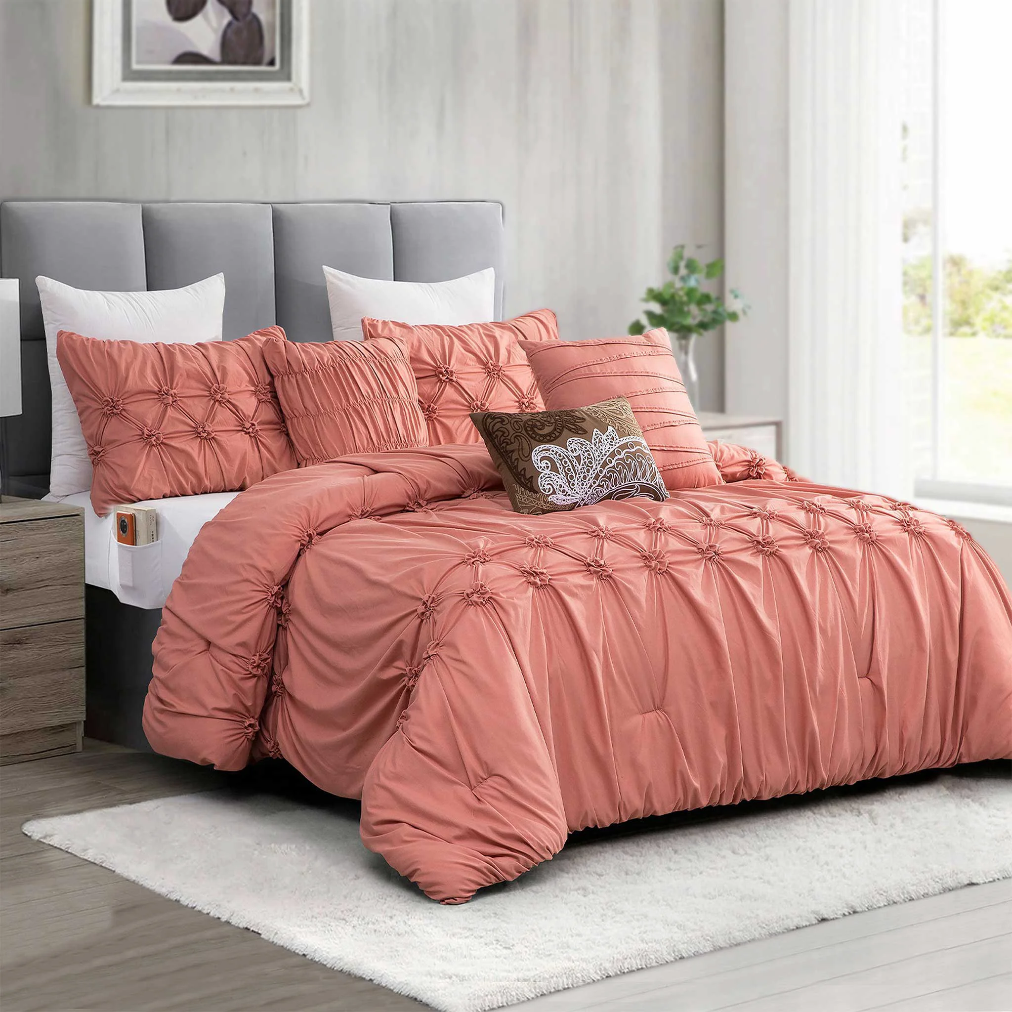 Effective Mocassi 12-Piece Ella Pleated Ruched Pintuck Comforter Set Includes 6-Piece Sheet Set with Double Sided Storage Pockets High-Quality