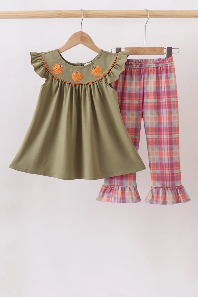 Crafted Camel Pumpkin Embroidery Plaid Dress Refined