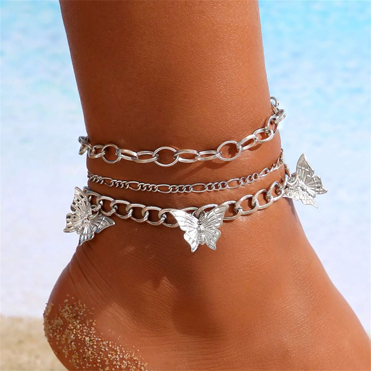 Versatile Silvertone Butterfly Station Anklet Set Traditional