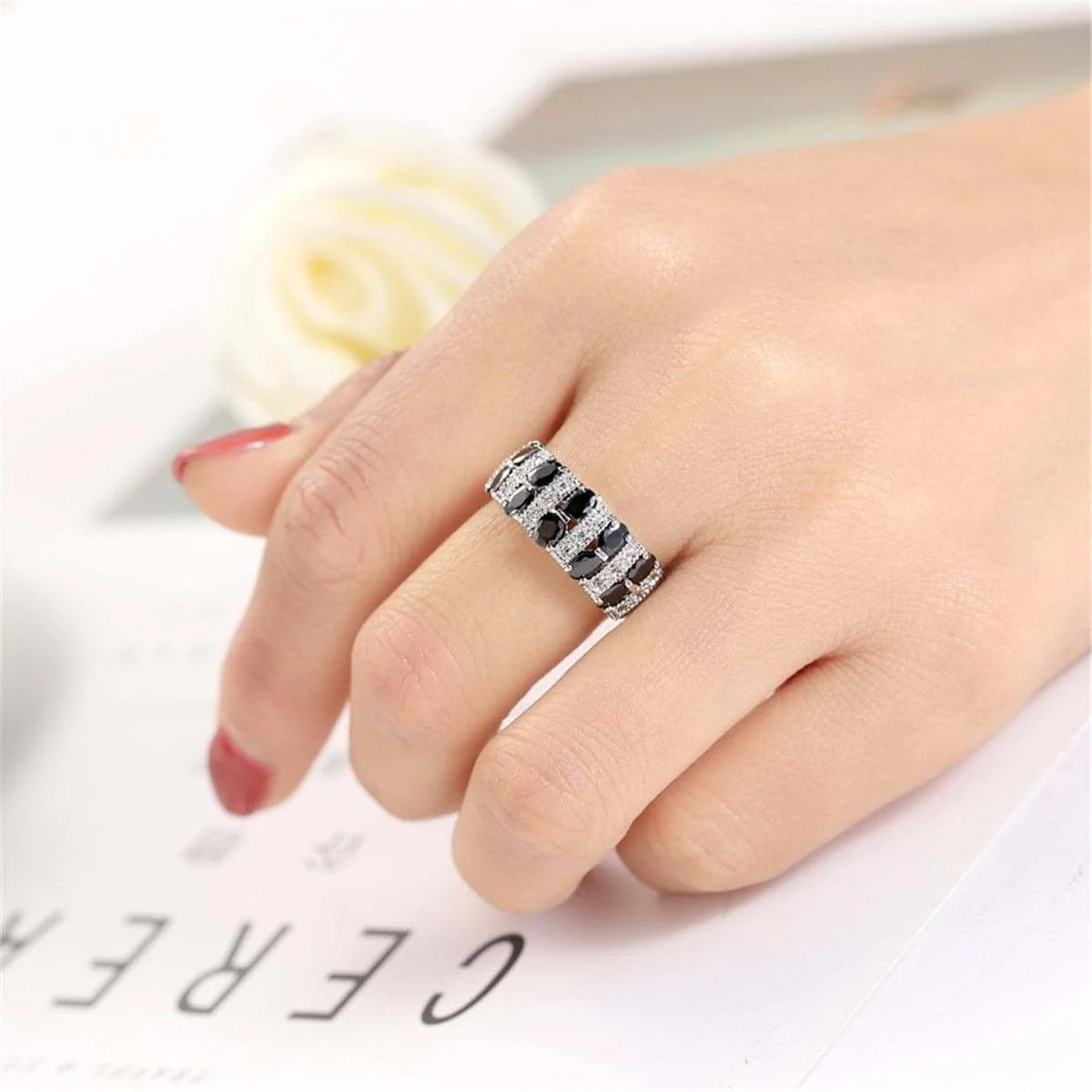 Versatile Black Crystal Silvertone Invisible Ring Refined