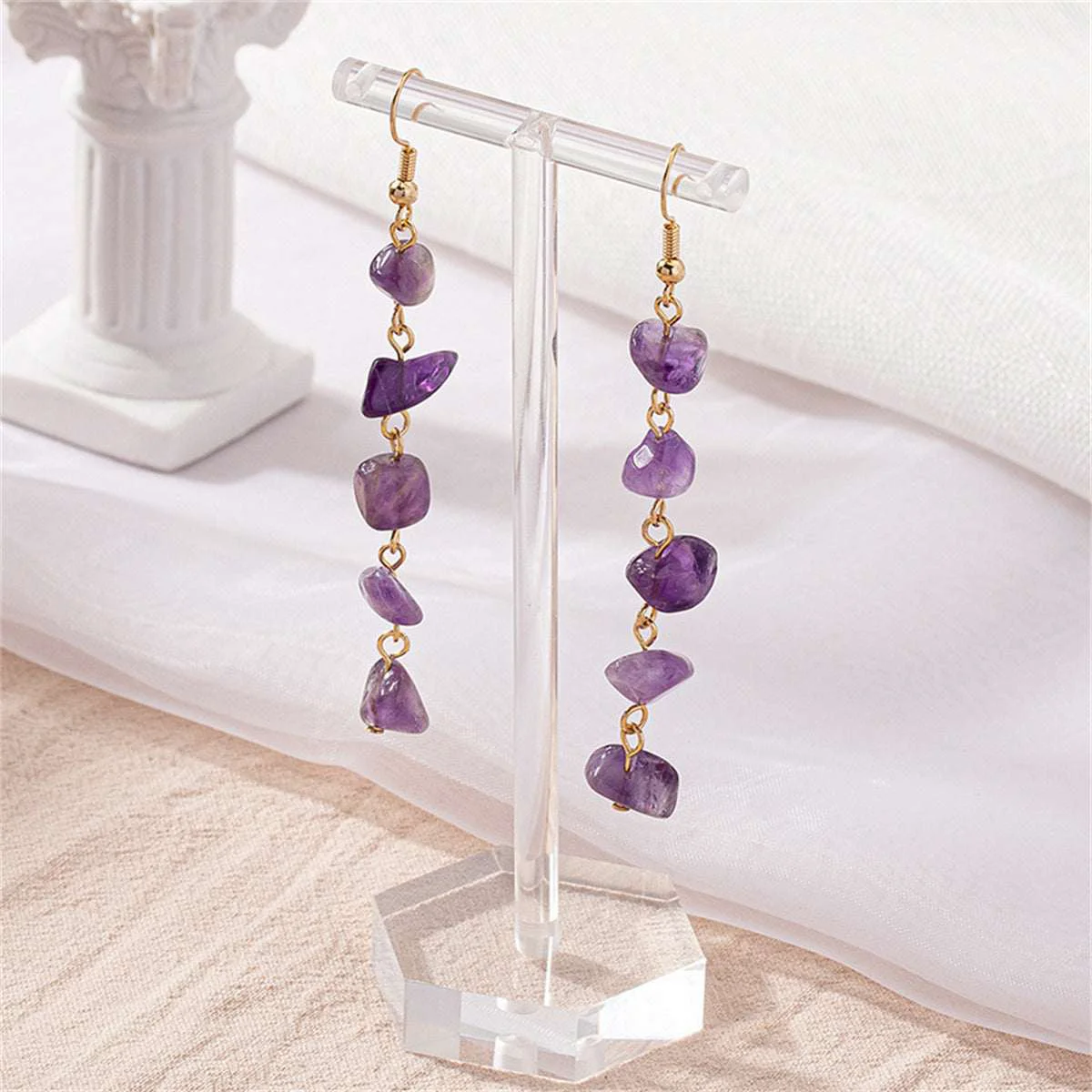 Authentic Purple Resin Goldtone Linear Drop Earrings Casual