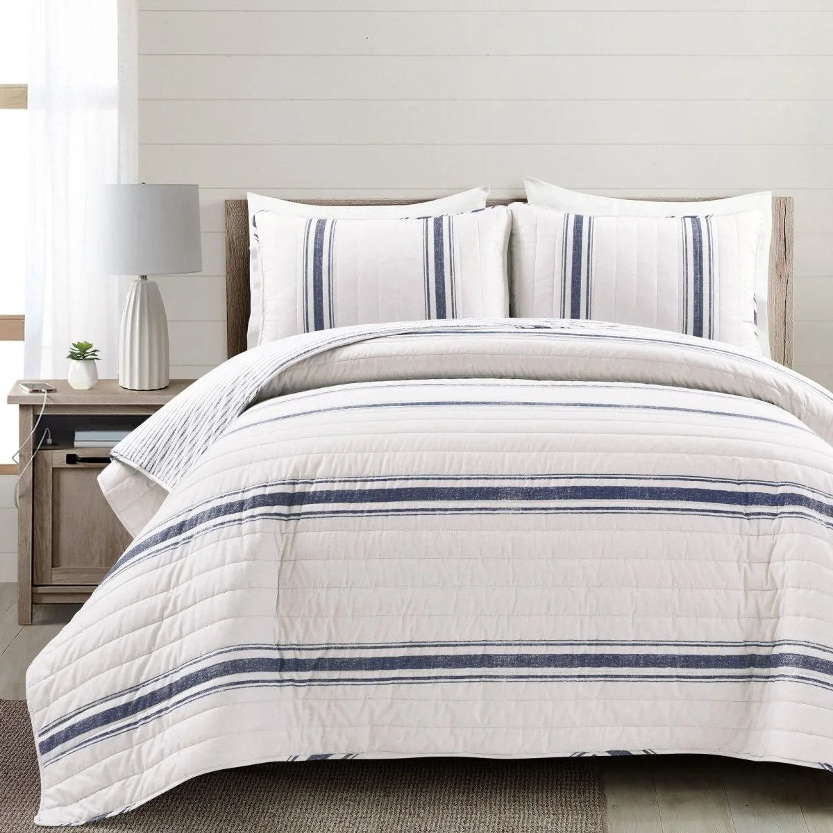 Casual Farmhouse Stripe Reversible Cotton Quilt Set Certified