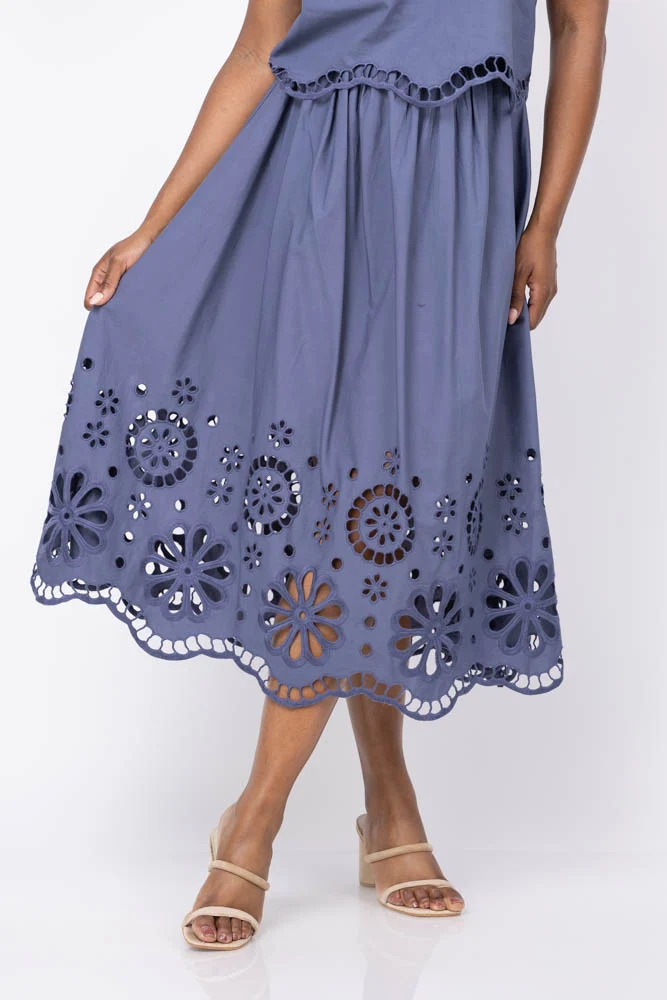 Responsible The Great. The Super Bloom Eyelet Skirt in Vintage Blue Smooth