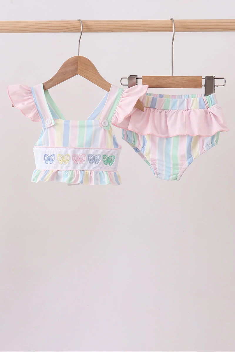 Safe Rainbow stripe butterfly smocked ruffle 2pc swimsuit Secure