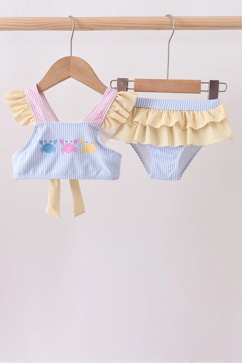 Safe Colorblock crab embroidery ruffle 2pc swimsuit Clean