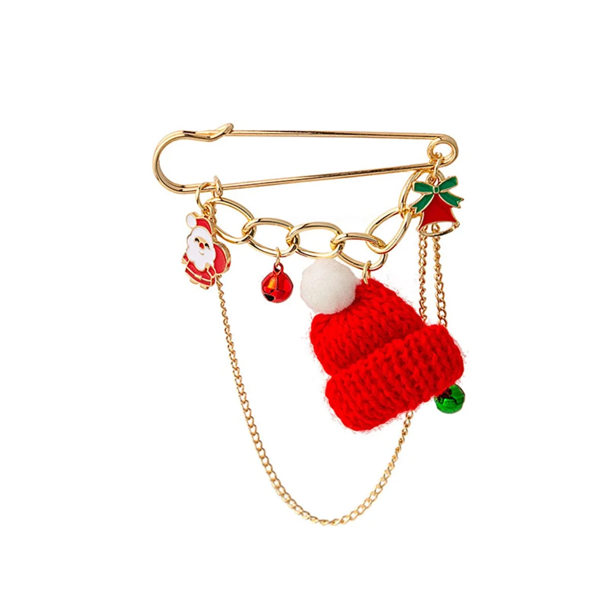 Functional Red Polyester Enamel Goldtone Christmas Hat Santa Bell Brooch Relaxed