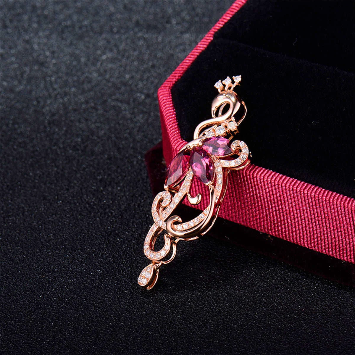 World-Class Red Crystal Cubic Zirconia Pear-Cut Peacock Pendant Necklace Elite