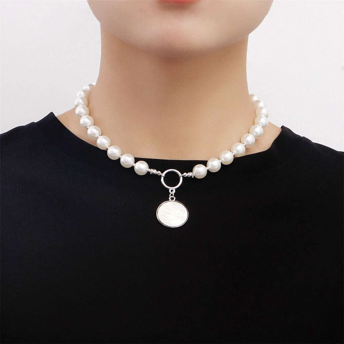 Advanced Pearl White Shell Silvertone Round Pendant Necklace Pure