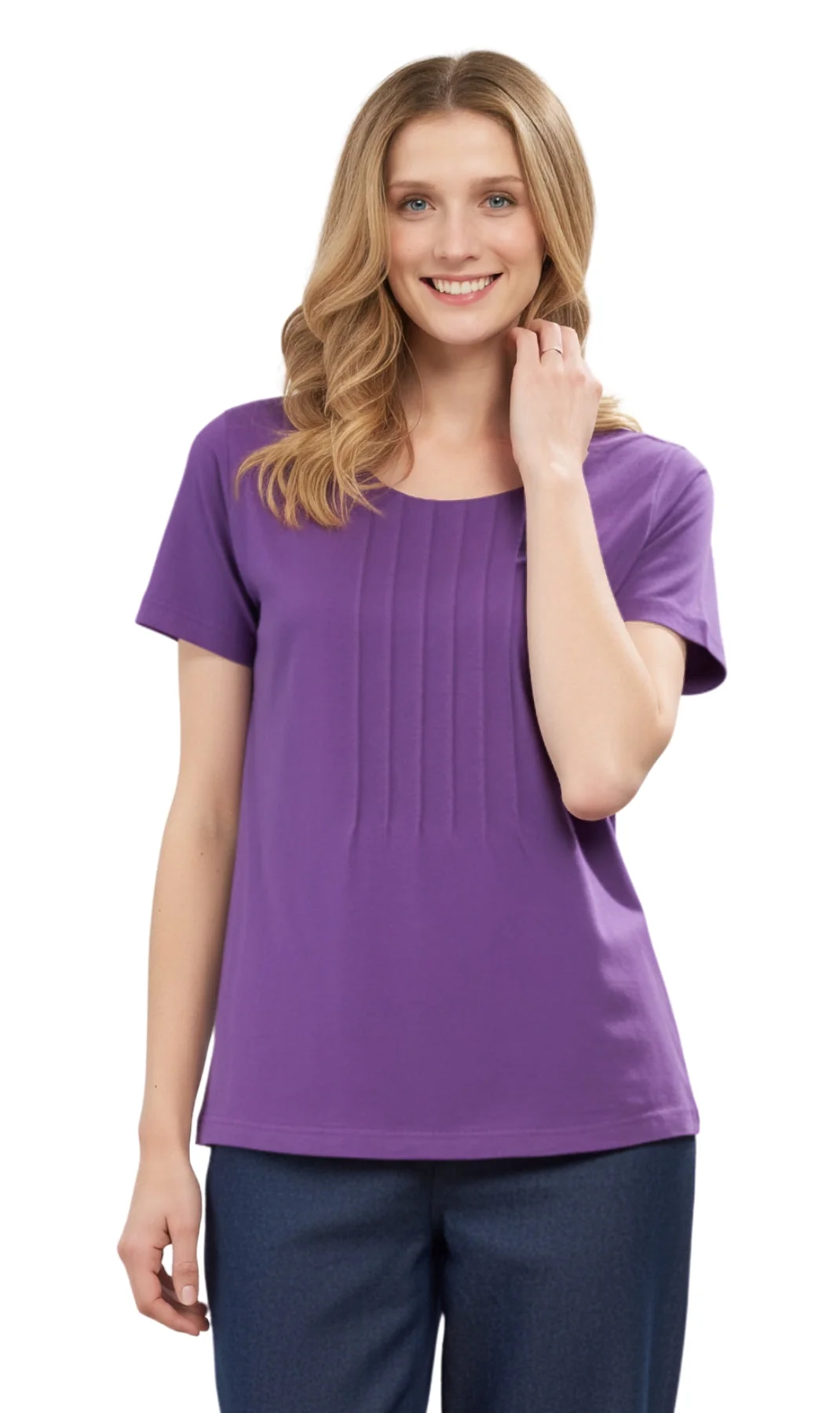 Relaxed Women's Short Sleeve Cotton Knit T-shirt in Pintuck Style Clean