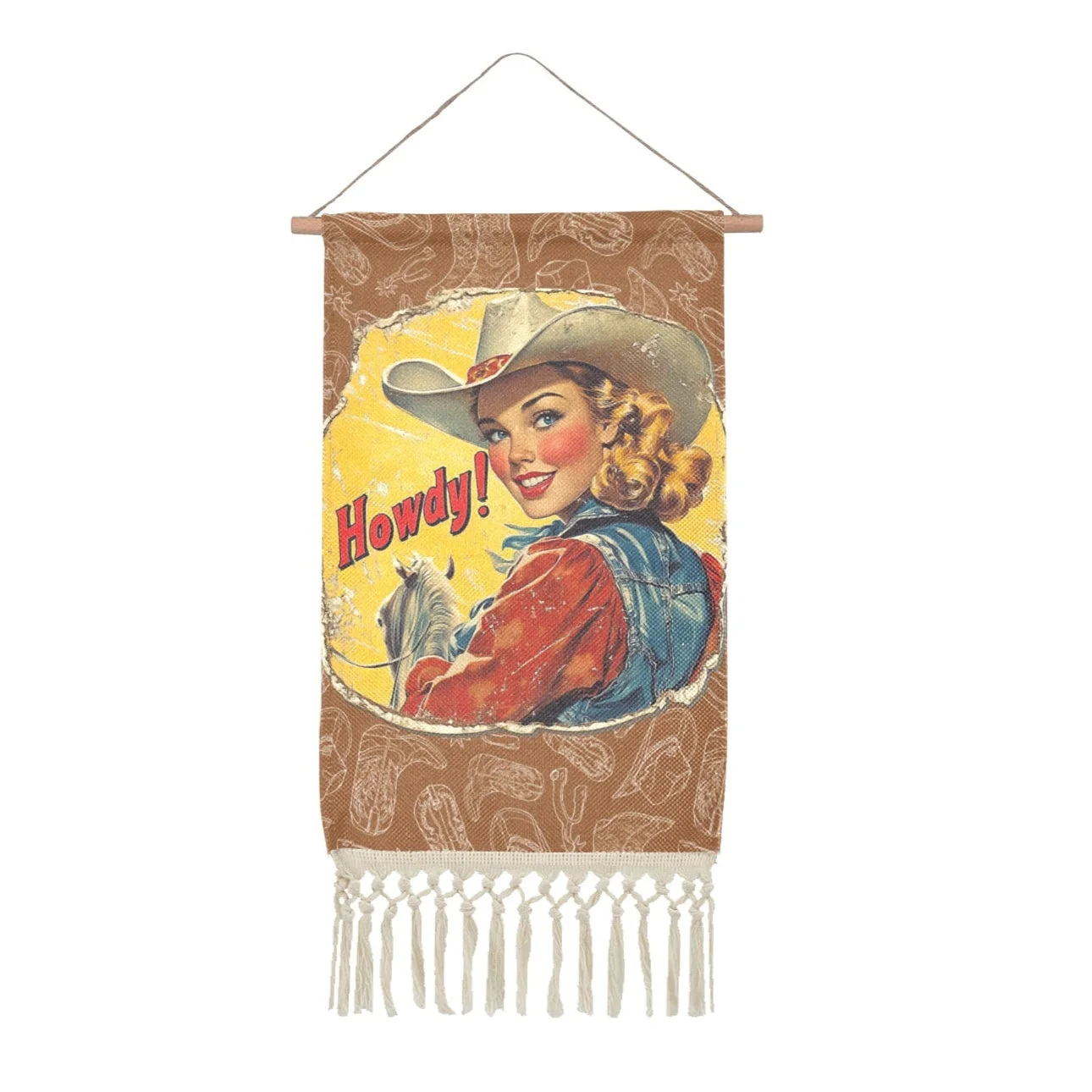 Premium Material Howdy Vintage Cowgirl Western Wall Decor Linen Hanging Poster with Fringe Made in America Top-Quality