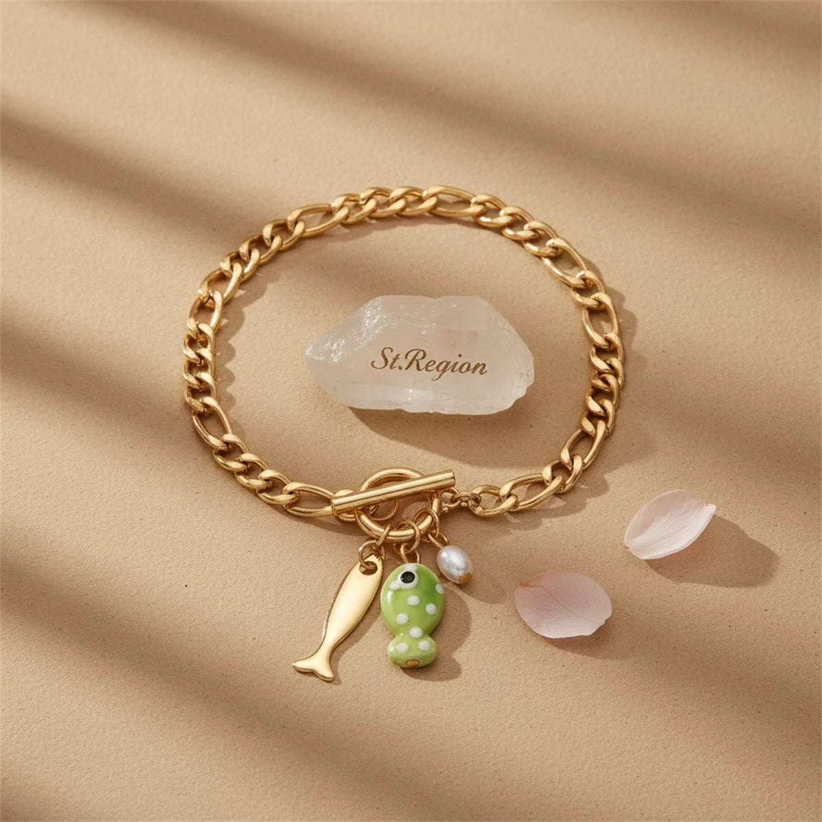 Certified Green Resin Pearl Goldtone Fish Charm Toggle Anklet World-Class