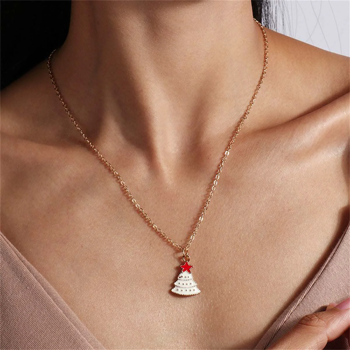 Proven White Enamel Goldtone Christmas Tree Pendant Necklace Sustainable
