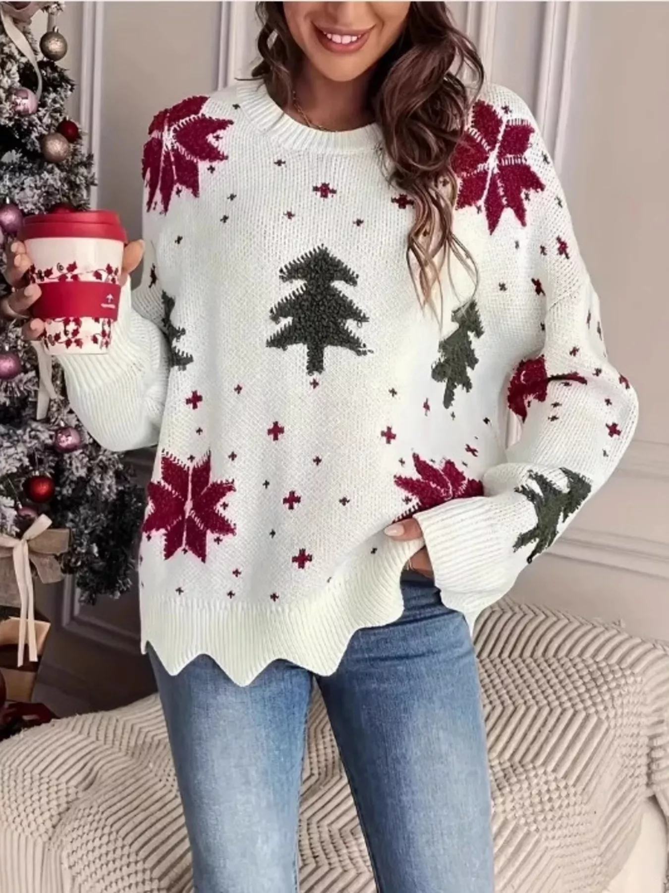 Artisan Christmas Tree Pattern Round Neck Sweater Excellent