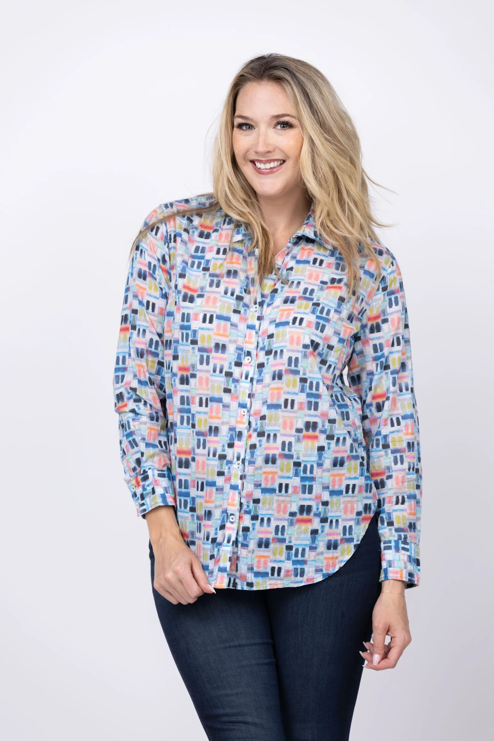 Casual Nic Zoe Portofino Cotton Boyfriend Shirt in Blue Multi Proven