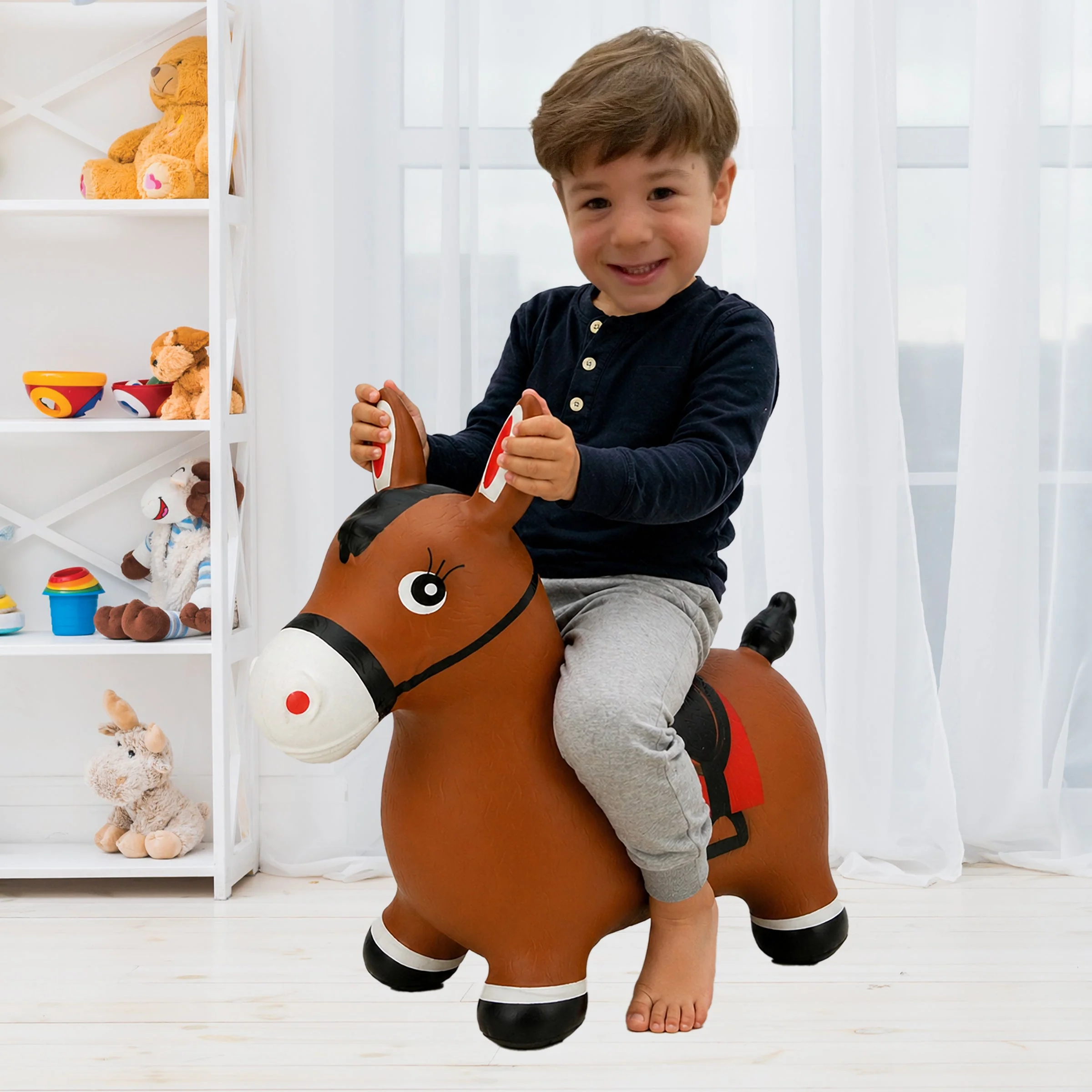 Authentic BounceZiez Inflatable Bouncy Ride-On Hopper with Pump - Brown Horse Premium