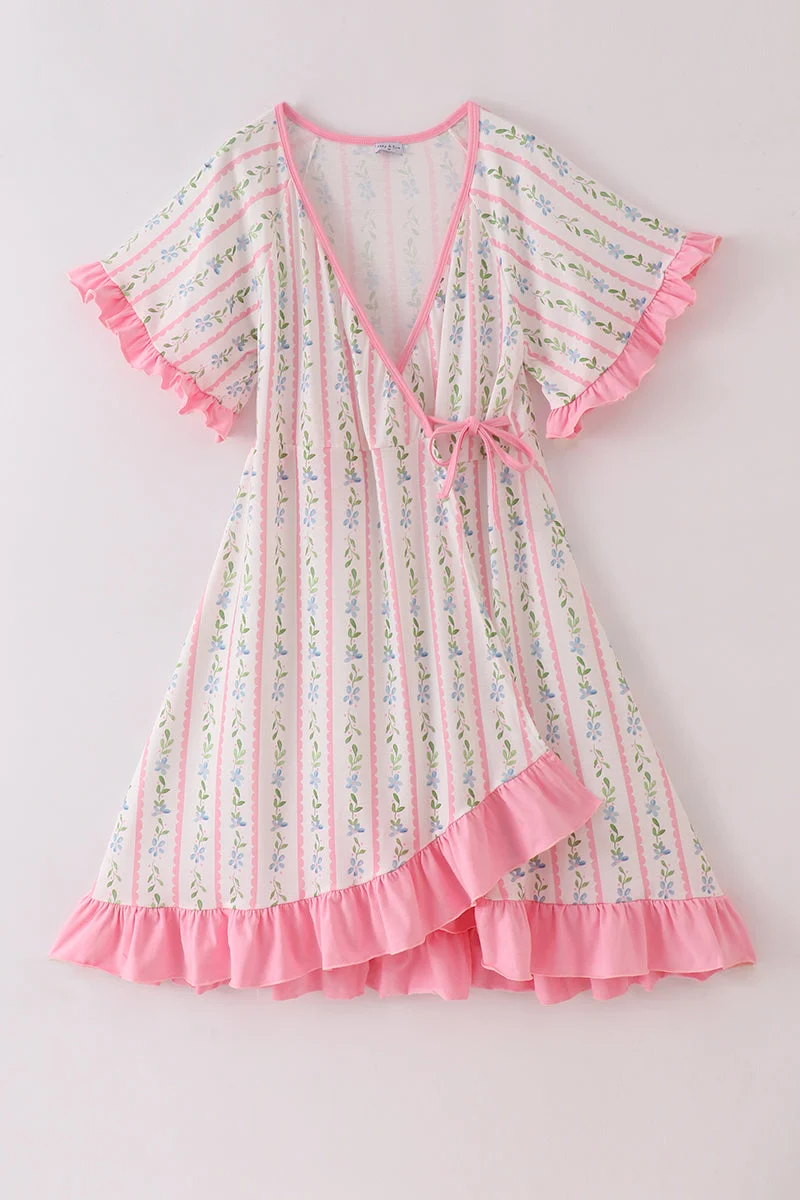 Sophisticated Pink floral print mom ruffle dress High-End