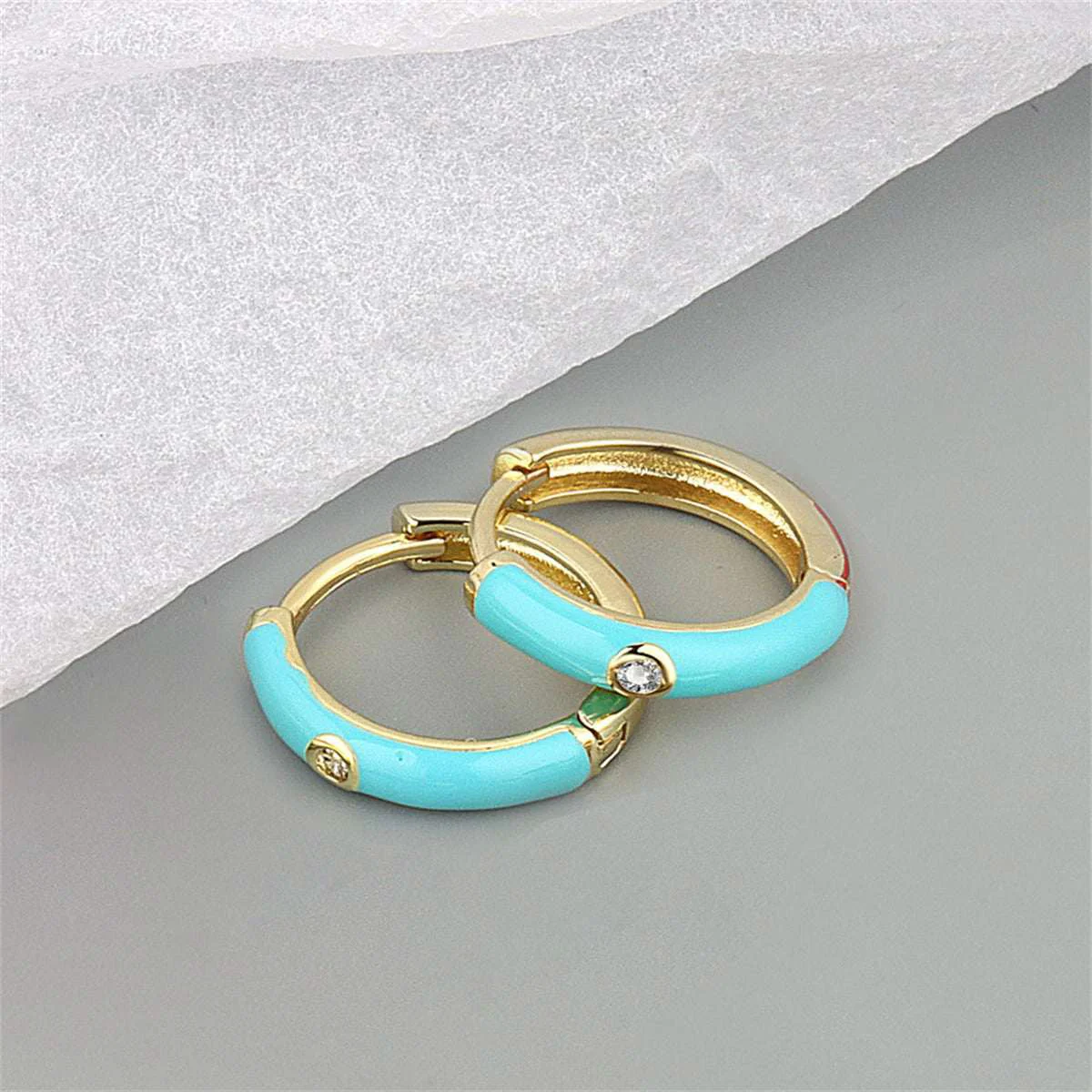 Advanced Cyan Enamel Cubic Zirconia Goldtone Huggie Earrings Consistent
