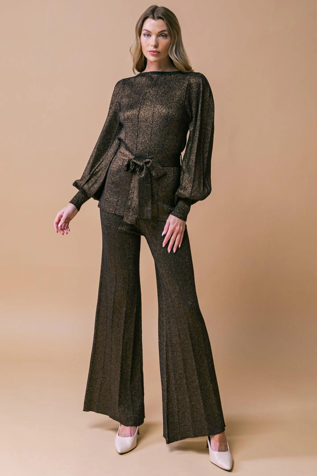 Top-Quality Stunning Stance Metallic Sweater Tunin and Pant Set Enhanced