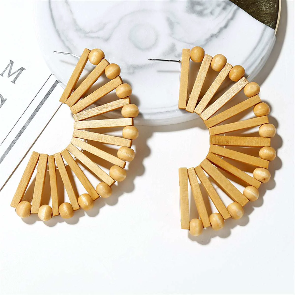 World-Class Wood Silvertone Fan Huggie Earrings Fine