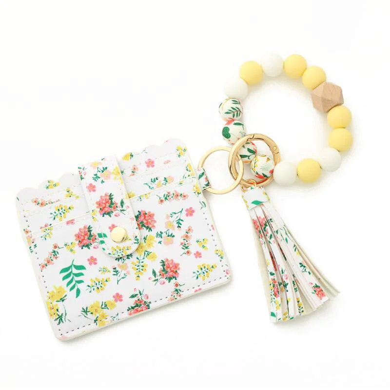 Quality Yellow Pink Floral Card Holder And Beaded Stretch Bracelet Keychain Genuine