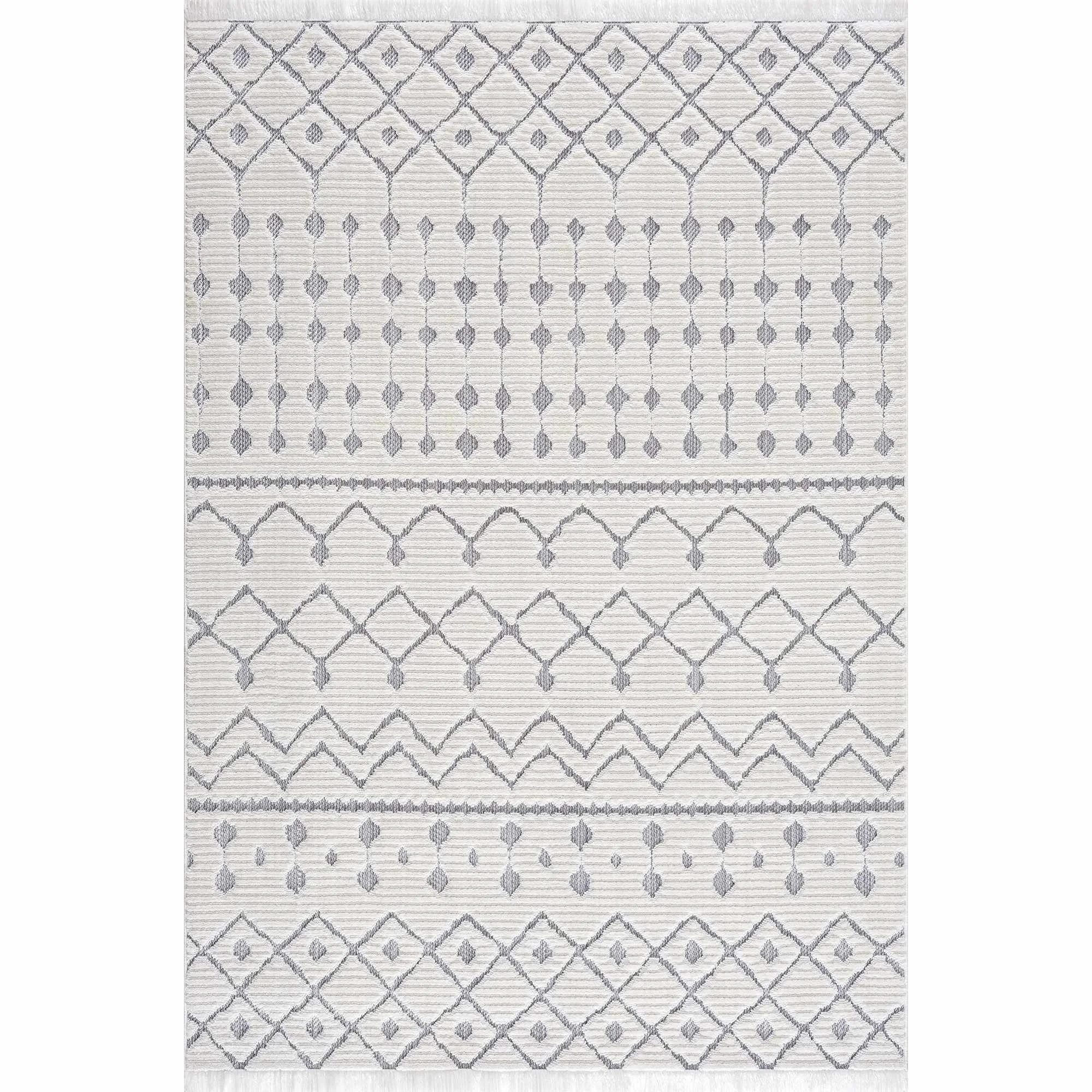 Functional Ivory Gray Beil Textured Trellis Fringe Area Rug - Consistent