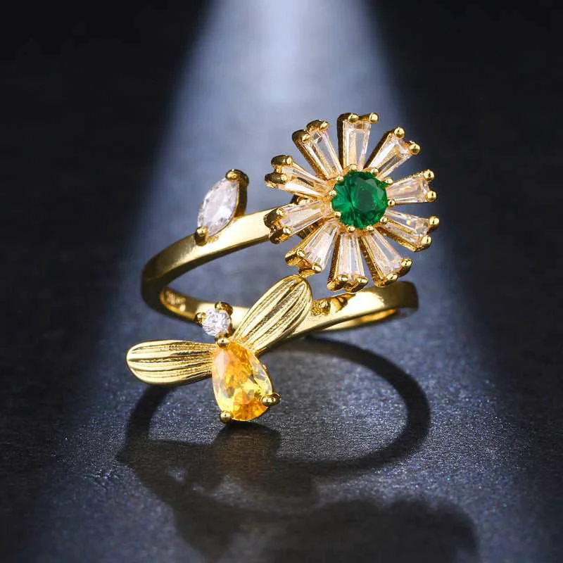 Stylish Crystal Cubic Zirconia Goldtone Bee Flower Adjustable Ring World-Class