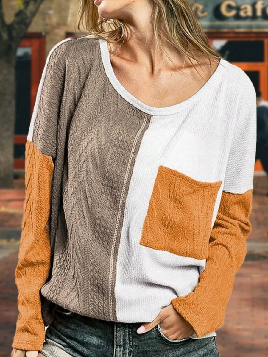 Artisan Boho Retro Vintage Viscose 90's Cable Knit Textured Orange Khaki Black Drop Shoulder Color Block Sleeve Top Shirt Blouse Safe
