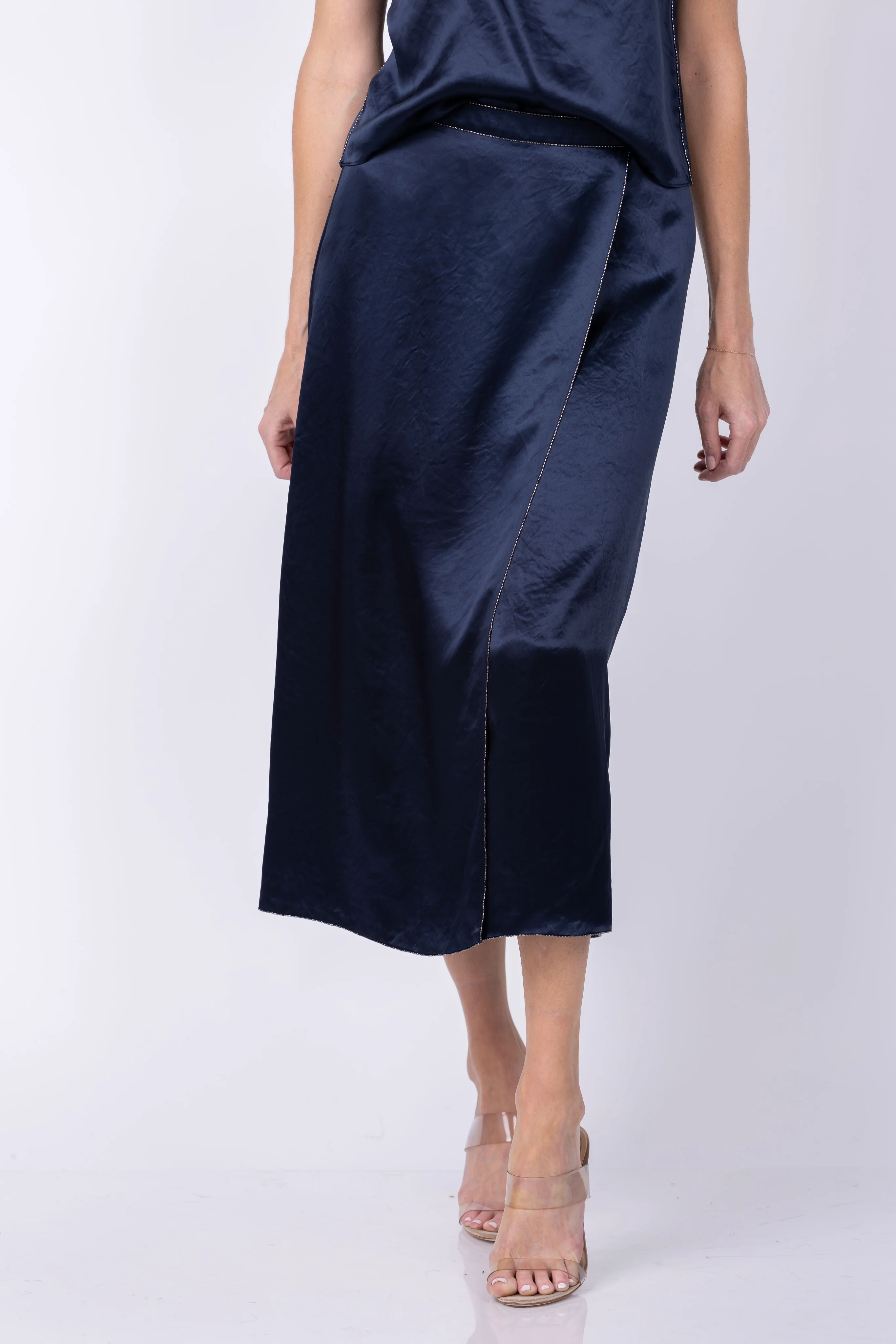 Powerful Vince Beaded Boarder Front Slit Skirt in Coastal Secure