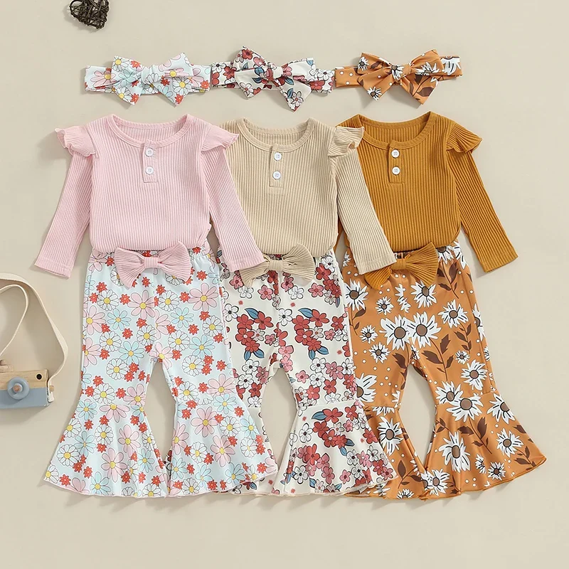 Carefully Designed Baby Girls 3Pcs Fall Outfit Ruffle Ribbed Long Sleeve Romper Flower Flare Pants Tie Headband SetSPECIFICATIONS Detailed