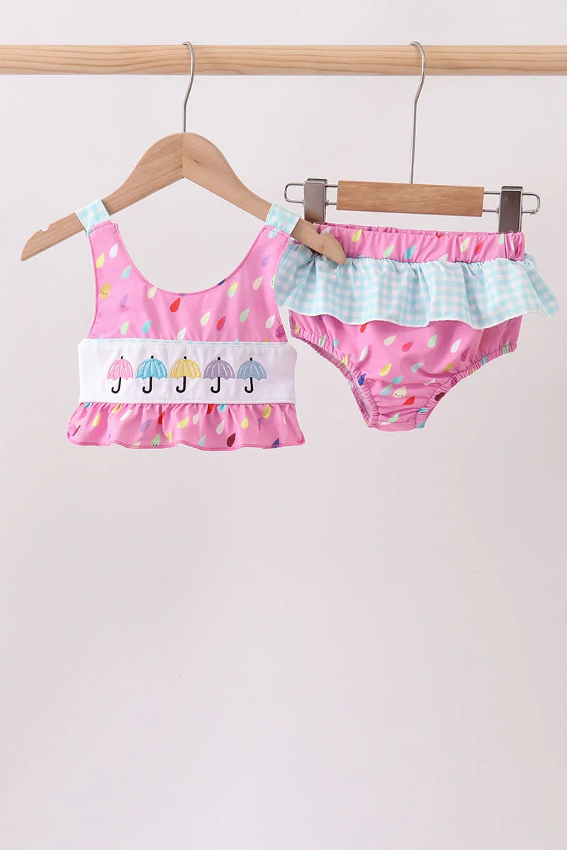 Comfortable Hot Pink Umbrella Embroidered UPF Swim Set Artisan