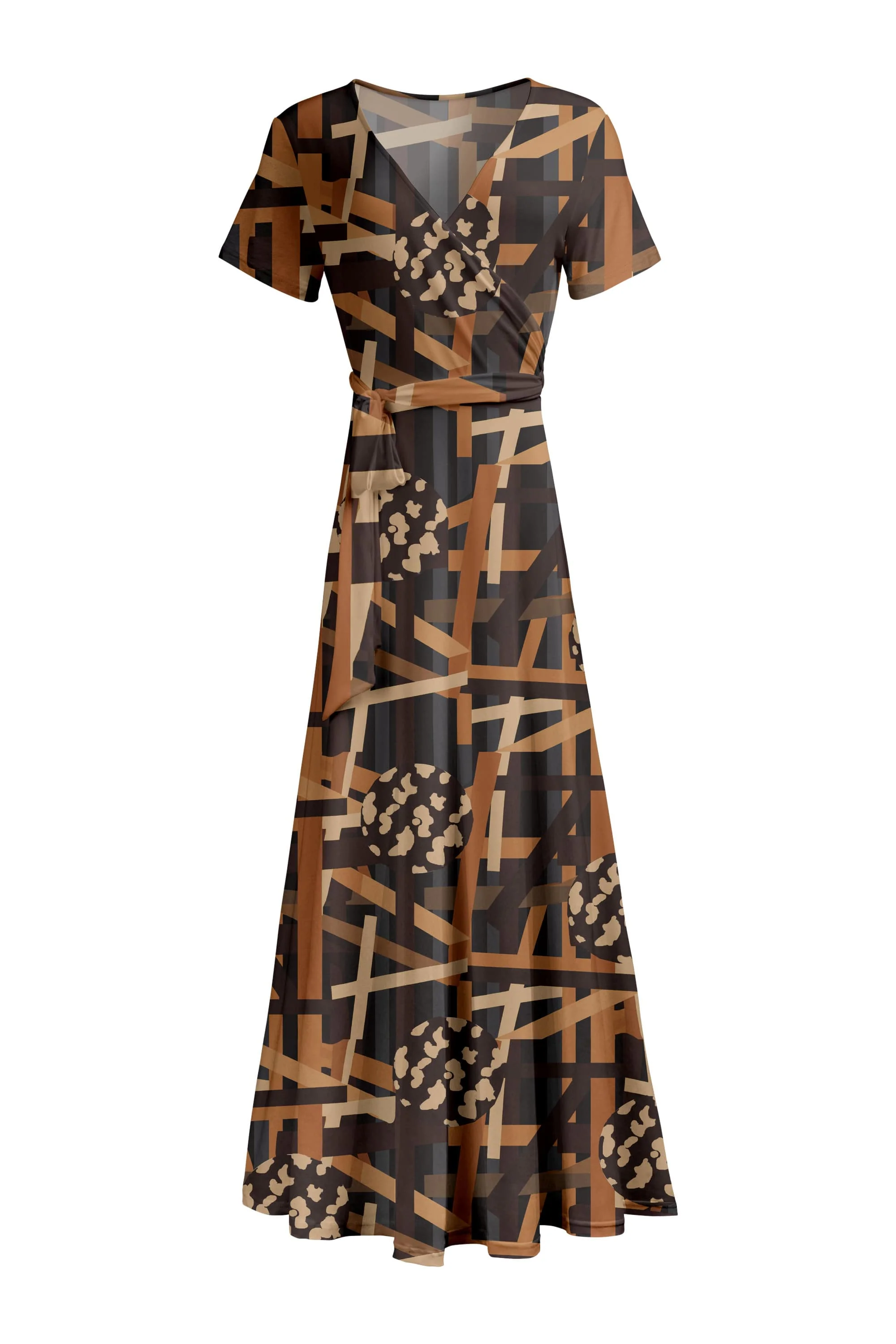 Traditional Lily by Firmiana Women's Short Sleeve Wrap-Style Maxi Dress with Tie Brown Black Geometric Mix Solid