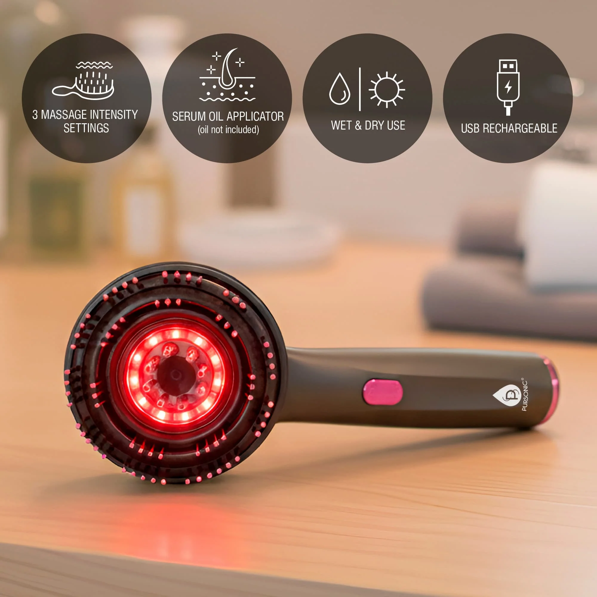 Eco-Friendly PURSONIC 3-in-1 LED Therapy Scalp Hair Treatment Brush – Stimulate Growth Boost Volume Enhance Scalp Health User-Friendly