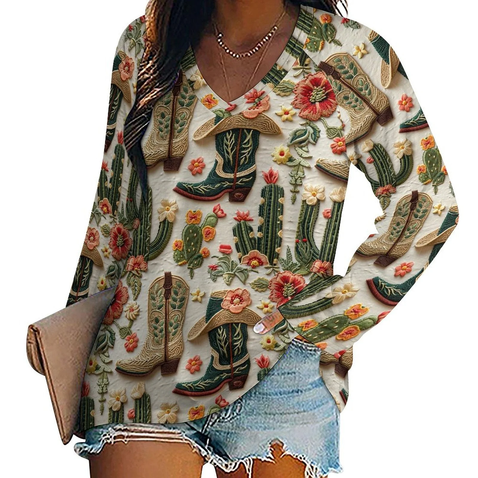 Trendy Baha Ranch Cactus and Boots Long Sleeve Top Durable