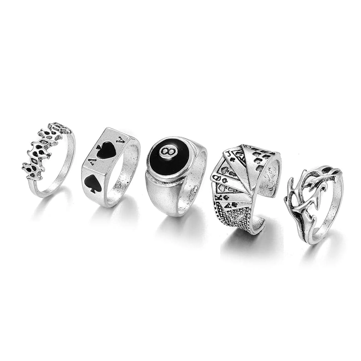 Unique Black Enamel Silvertone Skull Joker Ring Set Durable