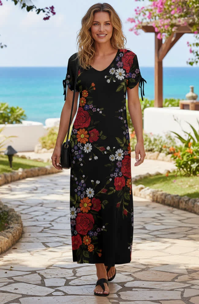 Stylish Lily by Firmiana Women s Short Sleeve Maxi Dress Women s Apparel Black Red Floral Print User-Friendly