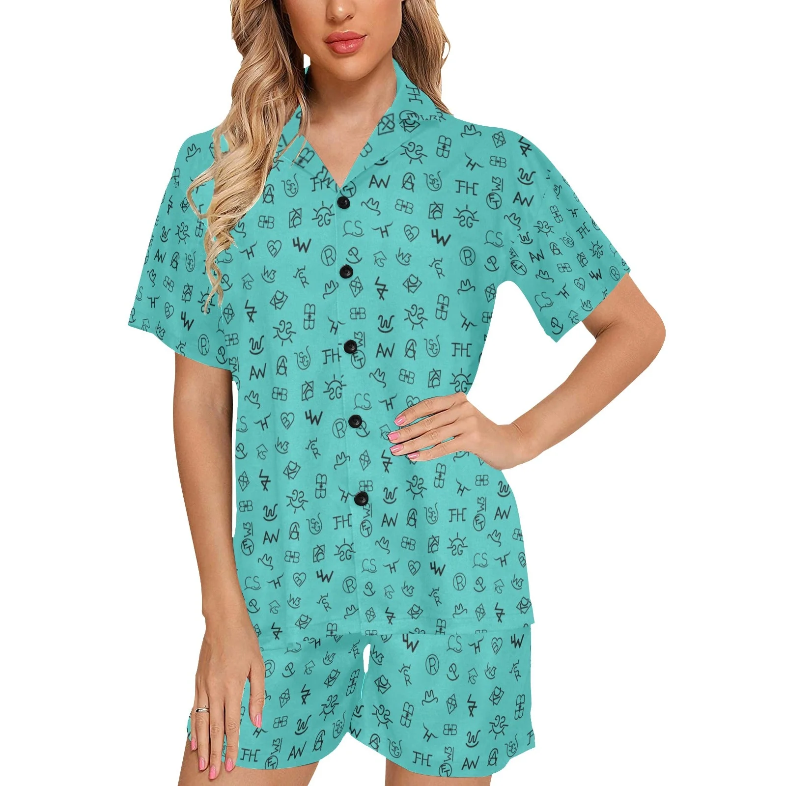 High-Performance Mini Turquoise Cattle Brands Women's Western pajama Set Fashionable