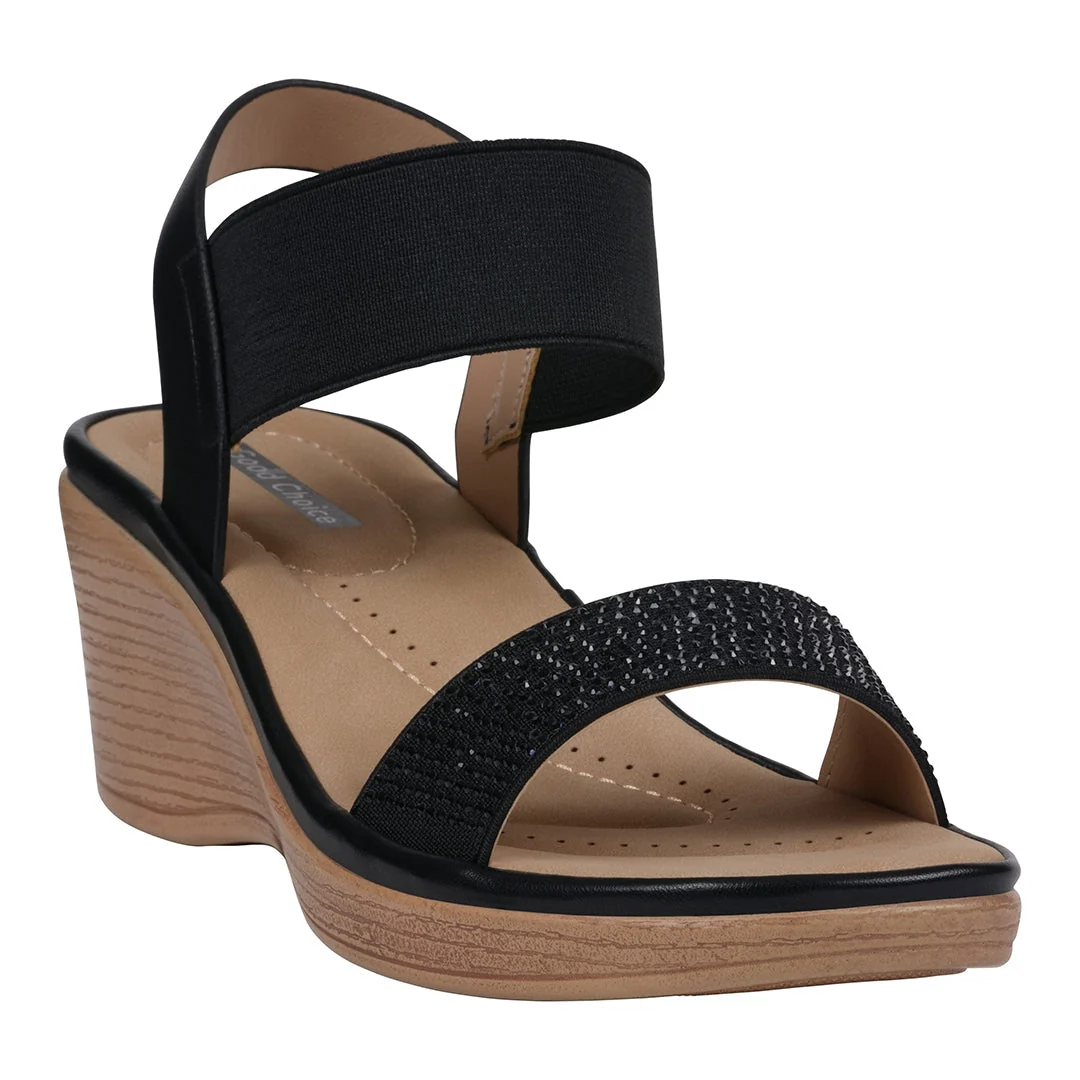 Specialty Women's Nia Black Embellished Elastic Wedge Sandals Effective