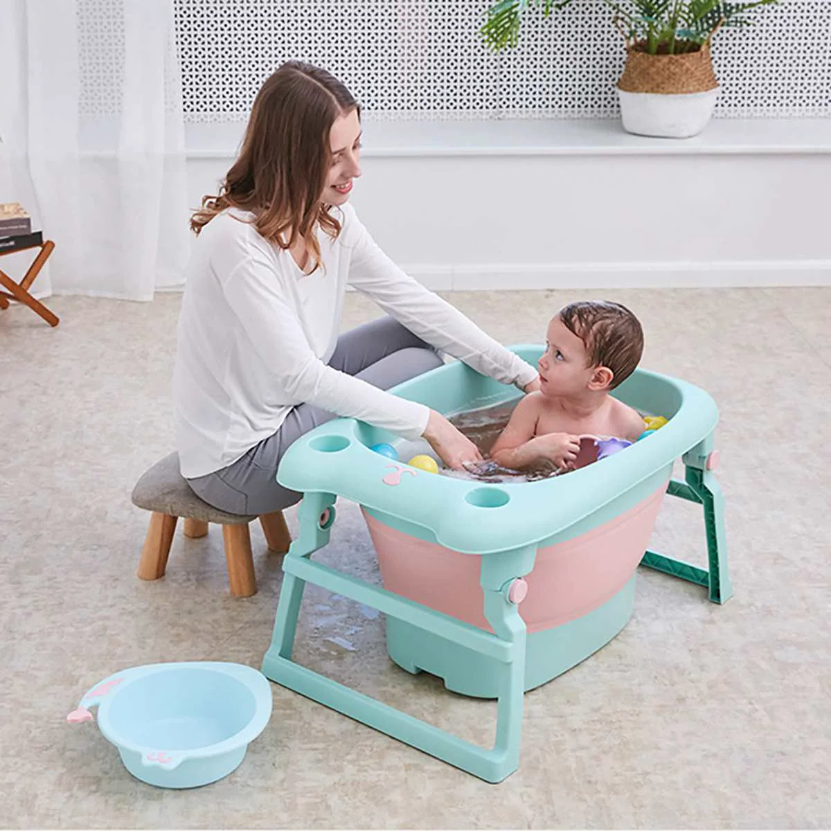 Optimized Large Portable Folding Collapsible Baby Bathtub Natural