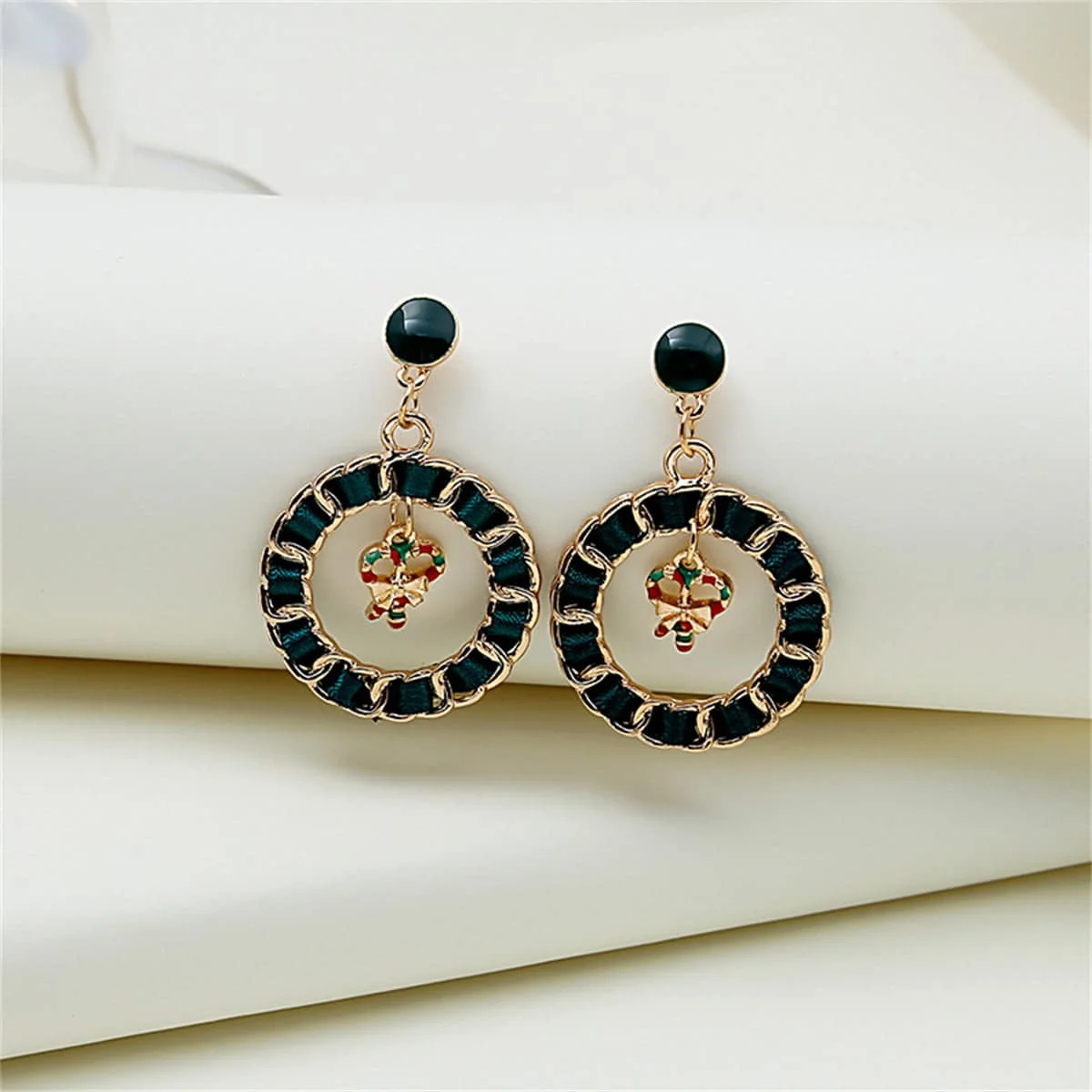 World-Class Black Ribbon Enamel Goldtone Candy Cane Figaro Drop Earrings Green