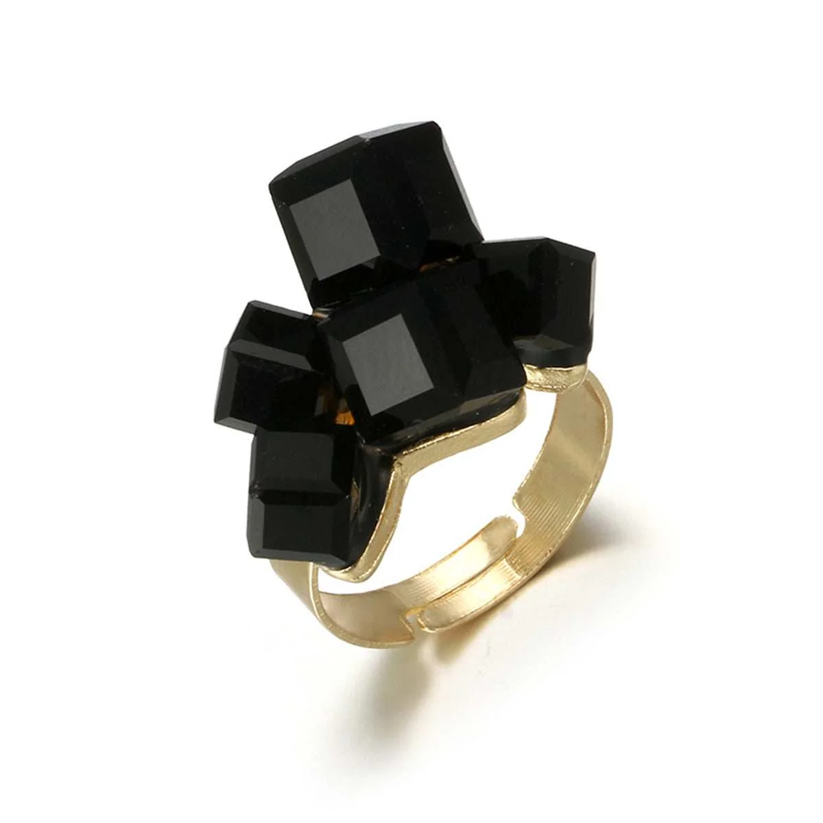 Long-Lasting Black Crystal Goldtone Cube Cluster Adjustable Ring Functional