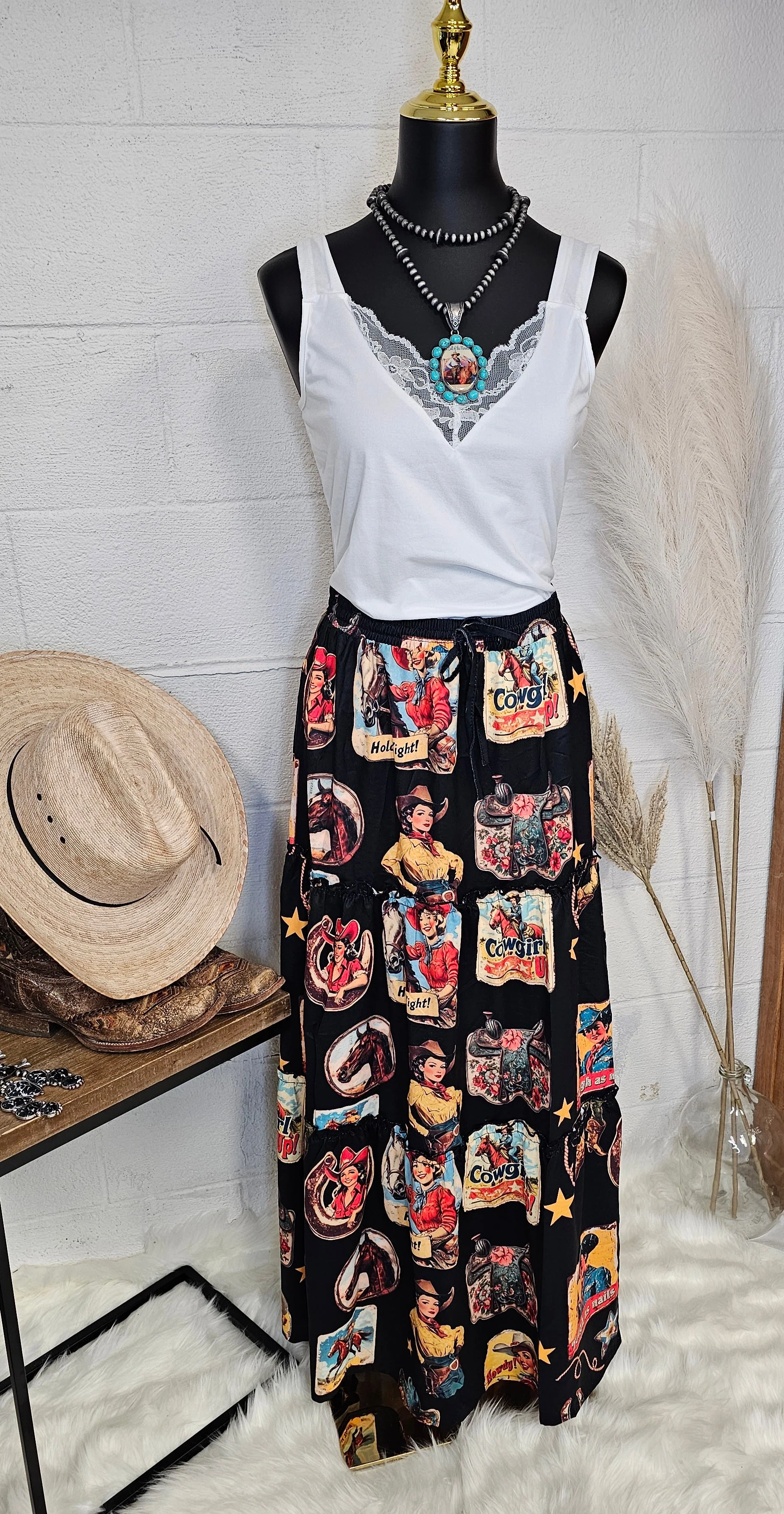 Certified Baha Ranch Vintage Cowgirl Collage Western Tiered Prairie Maxi Skirt Easy-to-Use