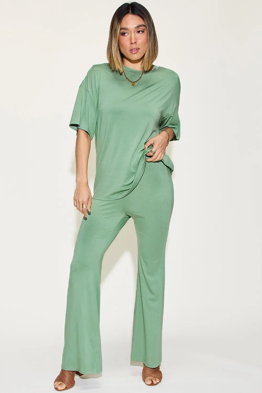 Trendy DBLCLK Women's Full Size Bamboo Drop Shoulder T-Shirt and Flare Pants Set Lightweight