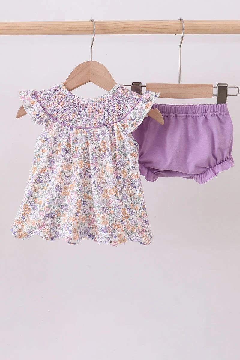 Advanced Purple Floral Smocked Bloomer Set Next-Generation