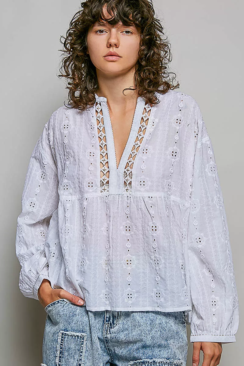 Environmentally Friendly POL Lace Eyelet Long Sleeve Cotton Blouse Reusable
