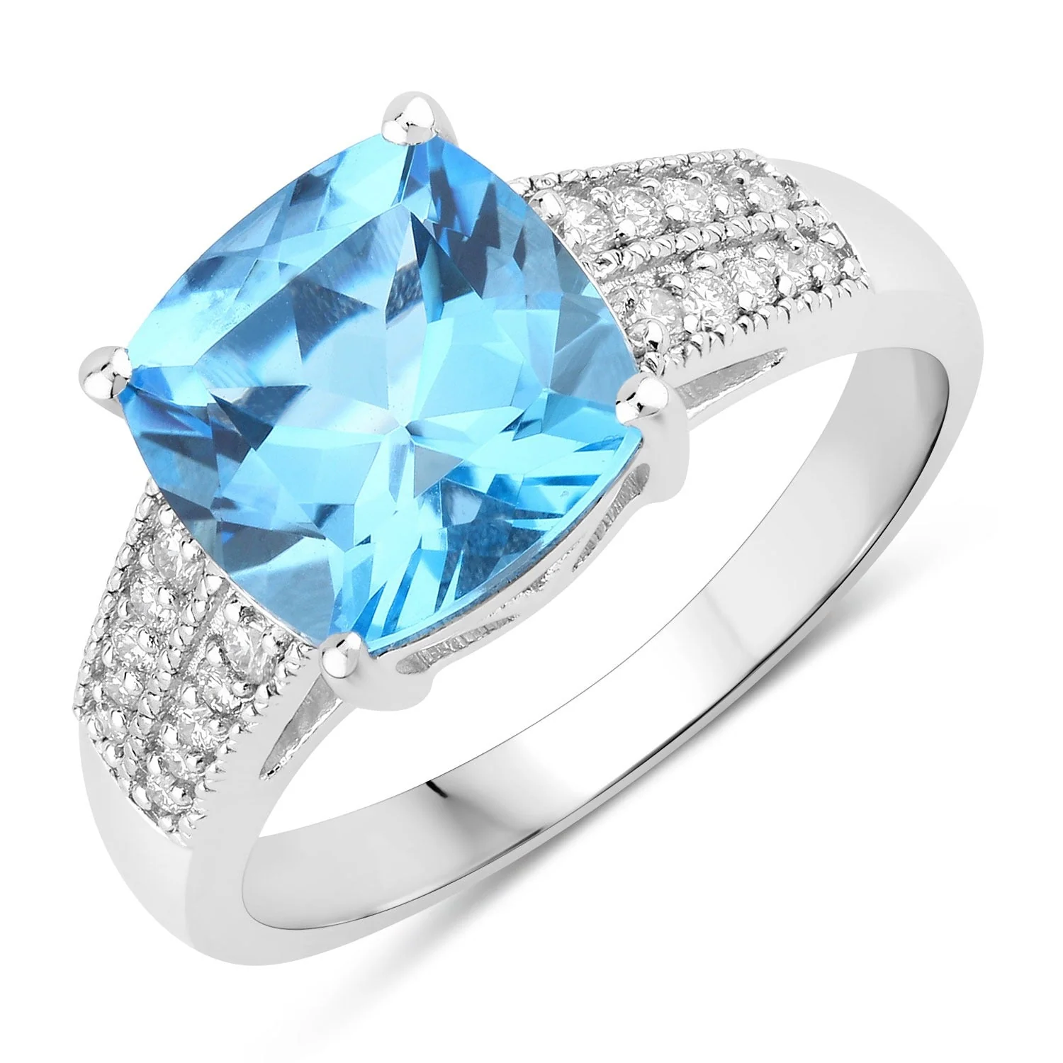 World-Class 3.40 Ct Cushion Swiss Blue Topaz and Lab Diamond Prong Silver Pave Bridge Ring Pure