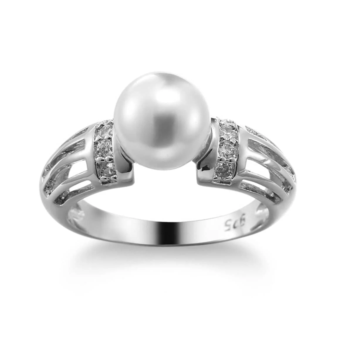 Authentic Pearl Cubic Zirconia Silvertone Ring High-End